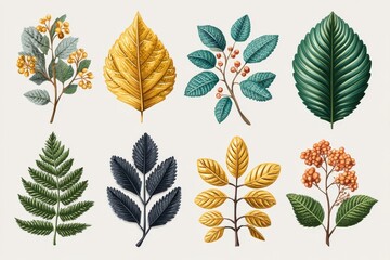 Pixel Art Autumn Leaves Collection Gold, Green, and Teal Foliage Branches on White Background