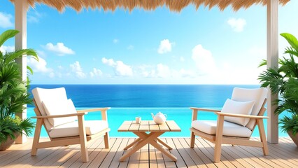 Naklejka premium Tranquil Ocean View from a Cozy Beachside Deck with Lounge Chairs