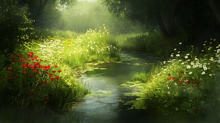 A tranquil stream meanders through a verdant meadow.
