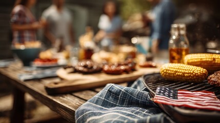 Barbecue picnic scene with American flags, grilled food, and friends enjoying the day outdoors, sunny setting with subtle tribute to fallen soldiers, modern Memorial Day celebration