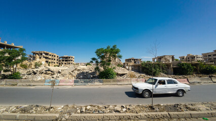 War-Torn Urban Landscape with Ruined Buildings In Damascus Jobar district, Syria