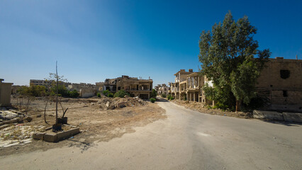 Ruined Urban Landscape Under Clear Sky In Damascus Jobar district, Syria