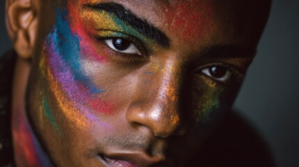 Black man with bold makeup, front-facing, soft lighting, neutral backdrop