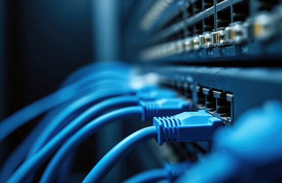 Close-up of network switch with many cables. Modern data center tech equipment providing internet broadband connection. High speed network server hardware. Cloud computing, cyber security solution,
