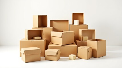 Fototapeta premium Assorted Brown Boxes Stacked in Various Positions on White Background