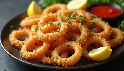 Close-up shot of crispy fried calamari rings. Served with chili sauce lemon wedges, parsley. Delicious seafood snack, fast food appetizer, tasty meal on dark background.