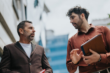 Two men in a discussion outdoors in a city area, holding notebooks. The interaction suggests...