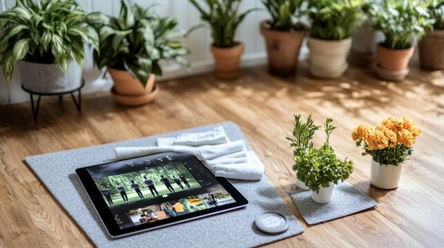 Online fitness class tablet displaying workout video plants sunlight - Powered by Adobe