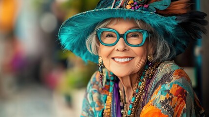 Extravagant senior woman wearing colorful hat and smiling