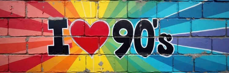 Colorful brick wall art. Image with the words I love 90s on it. Graffiti style, representing the era of the 1990s. Bright rainbow colors. Ideal for retro design projects.