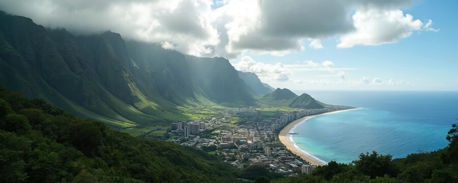 Panoramic view of Koolau Mountain Range, Oahu, Hawaii. Rich green mountains meet blue ocean, tropical island scenery. Clouds, sunlight, green grass enhance vacation mood. - Powered by Adobe