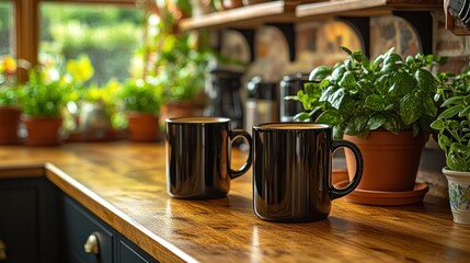 Cozy kitchen scene with coffee mugs and plants