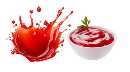 A vibrant red bell pepper, bursting with fresh flavor, against a splash of crimson sauce, garnished with a sprig of green leaves, conveying a sense of bold, tantalizing culinary delight.
