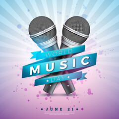 World Music Day Banner Illustration with Microphone and Typography Letter on Shiny Light Background. Vector International June 21 Festival Design Template for Post Card, Greeting Card, Holiday Poster
