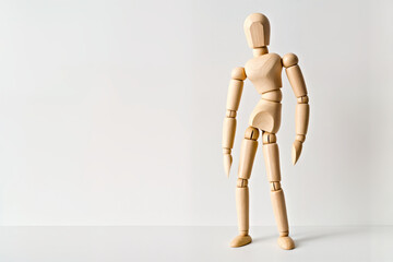 Artist's Mannequin  with its Torso  Curved to One Side Representing Scoliosis, Wooden Figure Standing in S-Shaped Posture Against Empty Background