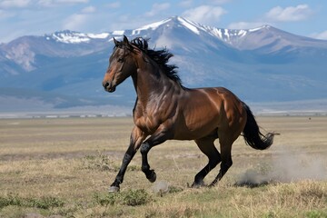 Fototapeta premium Brown horse running in a field with mountains