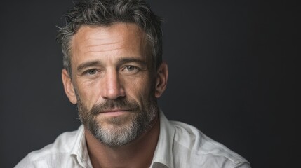 Caucasian man in his 50s, calm expression, soft shadows, clean backdrop