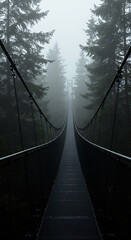 Fototapeta premium Atmospheric view of an empty suspension bridge disappearing into a dark, foggy forest. Moody and mysterious path leading into the unknown. Concept of journey, solitude, and perspective.