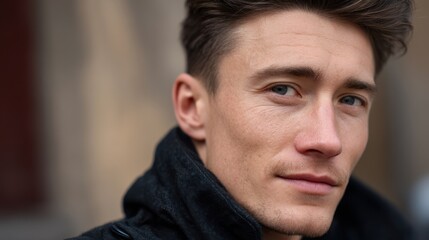 Naklejka premium Caucasian man with high cheekbones, soft makeup, outdoor natural light