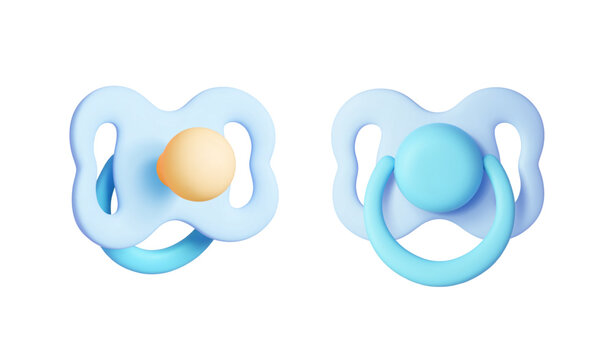 Blue baby pacifier 3d icons. Silicone nipple with plastic details, front and back view. Newborn boy accessory for calm, vector realistic rendering element