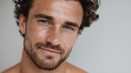 Obraz premium Caucasian man with radiant skin, minimal makeup, clean neutral background