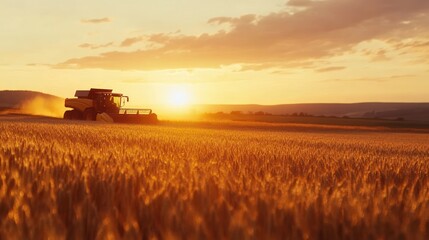 Naklejka premium Harvester at golden sunset