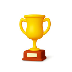 Winner cup on stand 3d icon. Isolated gold trophy realistic design. Empty template for award in competition, science, entertainment, vector element