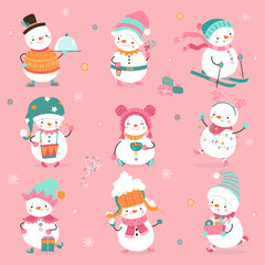 Cartoon snowman. Funny snowmen different poses, winter positive characters. Christmas holidays, new year mascots with garland and hot drink, nowaday vector set