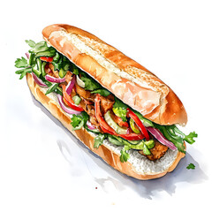 A fresh watercolor painting of a Vietnamese Banh Mi sandwich, showcasing its vibrant ingredients and crispy baguette.