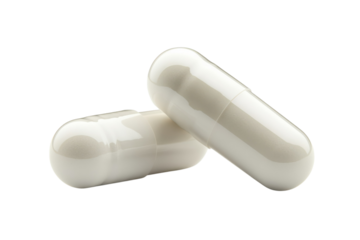 Two white capsules a silent promise of wellness resting on a stark black background for medical isolated on transparent background. Generative Ai.