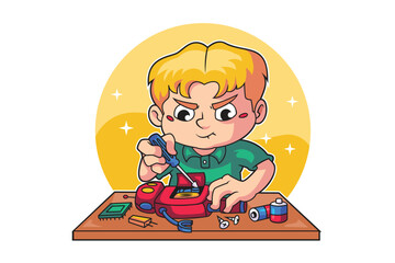 Curious Boy Concentrated on Robot Assembly