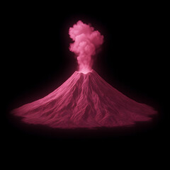 A striking neon pink volcano illustration, erupting with pink smoke, rendered as a glowing hologram against a stark black background.