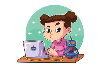 Young Girl Programming Her Robot with a Laptop