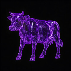 A striking purple glass figurine of a cow, with a luminous, almost holographic appearance, against a dark background.