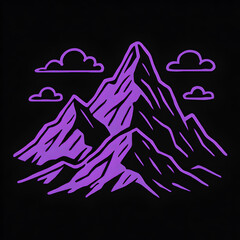 A stylized outline illustration of purple mountain peaks with simple, cartoon-like clouds, against a dark background.
