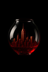 A detailed red glass cityscape, resembling a skyline, is encapsulated within a clear glass sphere or vase on a dark background.
