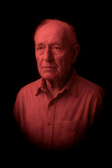 A striking, red-toned holographic portrait of a pensive elderly man with a somber expression, against a dark background.