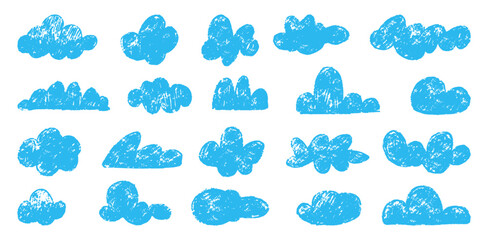 Pencil drawing clouds. Abstract blue cloud, crayon children style painting. Isolated cloudy sky icons, weather and nature symbols neoteric vector set