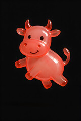 A cute, translucent pink cow figurine, with a friendly smile, stands against a stark black background.