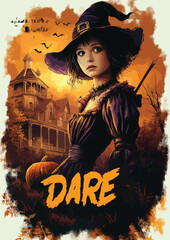 a shirt design of haunted house with witch on broomsti