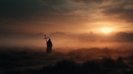 Mystical sunrise illuminates serene landscape with silhouette of Jesus holding cross symbolizing Easter and resurrection