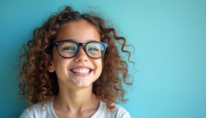 Obraz premium Joyful young girl with curly brown hair wearing glasses smiles on blue background. Child shows white teeth, expressing happiness. Education concept, vision, happy childhood. Portrait of adorable kid.