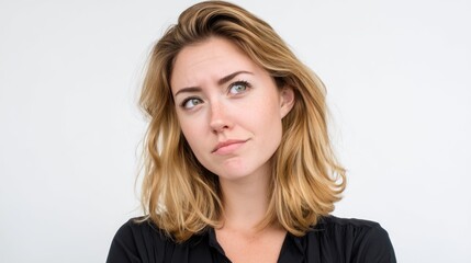 Fototapeta premium Caucasian woman with medium-length blonde hair, calm expression, white background