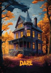 a shirt design of haunted house