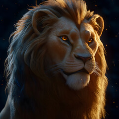 A majestic lion with a flowing mane and intense, glowing amber eyes gazes off into the distance.