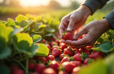 Close up of hands harvesting ripe red strawberries at farm. Picking fresh, organic fruits. Summer garden, healthy food, agriculture, harvesting season. Food, vitamins, diet, fresh farm products,