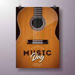 World Music Day Flyer Illustration with Acoustic Guitar and Typography Letter on Black Background. Vector International June 21 Festival Design Template for Post Card, Greeting Card, Holiday Poster