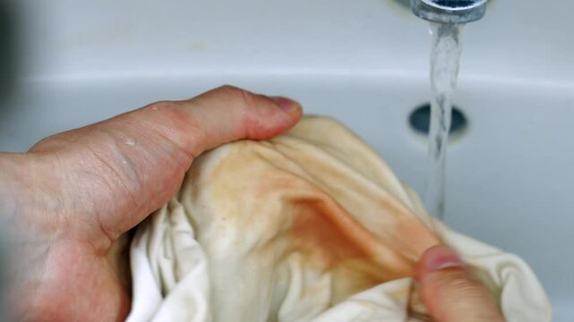 A man washes dirty clothes in the sink to remove blood stains.
A blood stain on a wet T-shirt.
A man washes a dirty T-shirt with his hands.
Blood, water, stains, mixer, red