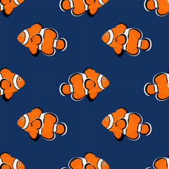 Reef fish. Seamless pattern with clownfish on blue background. For ocean-themed textiles, wallpapers and packaging, postcards or covers.