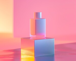 White perfume bottle on iridescent cube against pink and orange background
